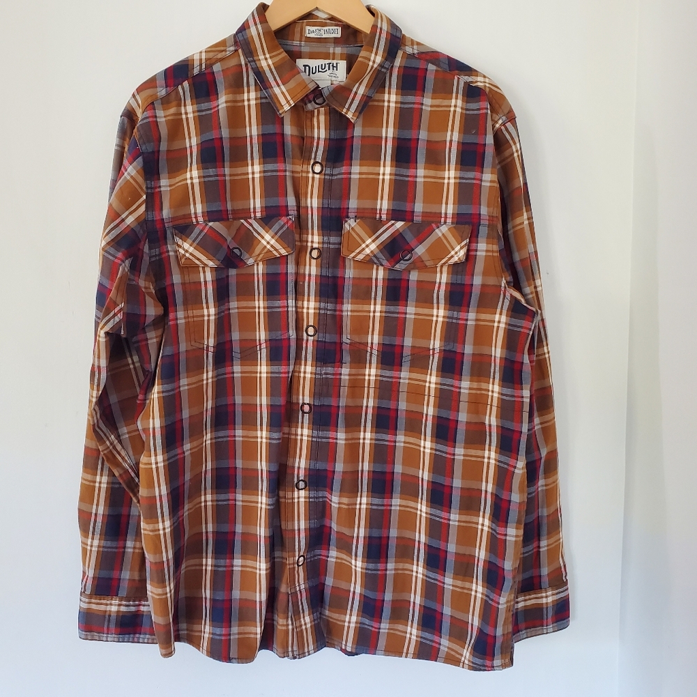 DULUTH TRADING Men Sz L Multi Browns Plaid LS Shirt Snap Up Untucked Outdoor EUC